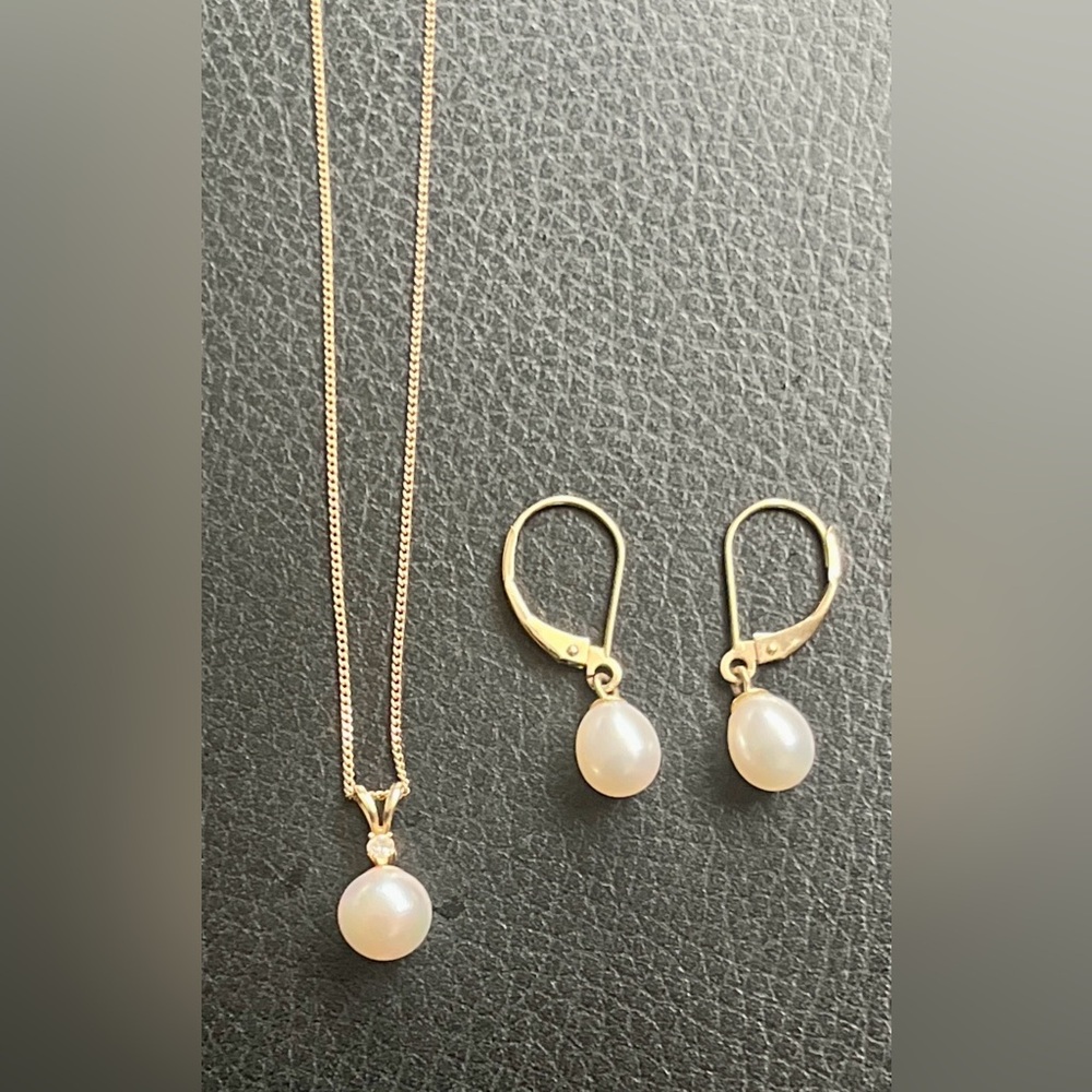 Vintage 14K Gold Pearl Diamond Drop Jewelry Set